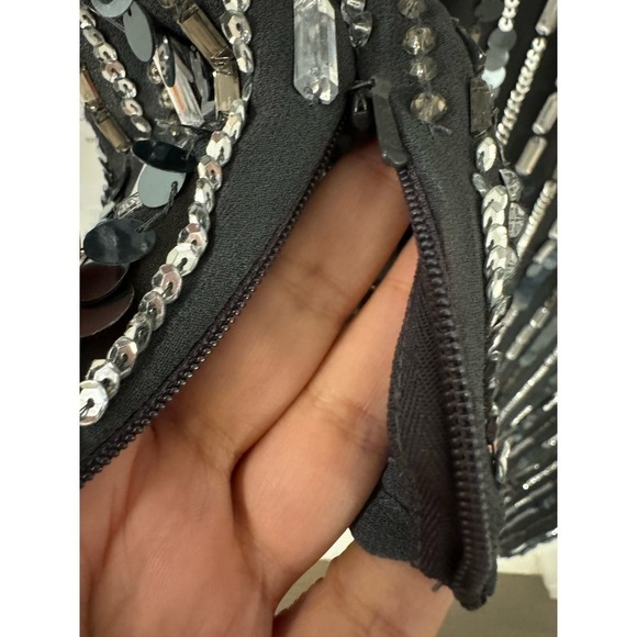 Mac Duggal Size 14 $598 NWT Embellished High Neck Long Sleeve Midi Dress Gray - Picture 11 of 11